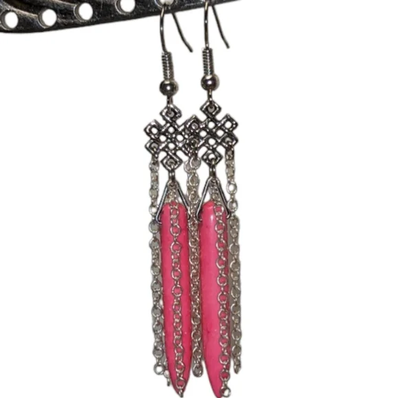 Handmade Silver Plated Celtic Knot Chains & Howlite Dagger Bead Dangle Earrings - Picture 2 of 6